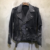 Jachetă motociclist din blugi cu fermoar, bărbați, negru gri, cu fermoar, de designer, distrusă, punk, ruptă, jachetă pentru bărbați, biker hip hop.