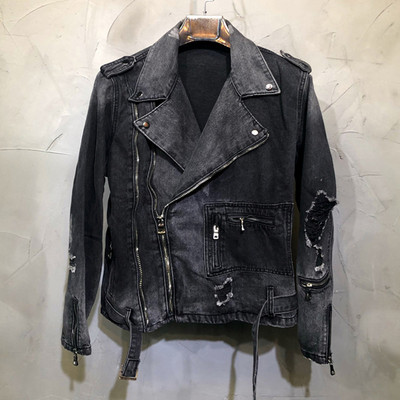 Jachetă motociclist din blugi cu fermoar, bărbați, negru gri, cu fermoar, de designer, distrusă, punk, ruptă, jachetă pentru bărbați, biker hip hop.