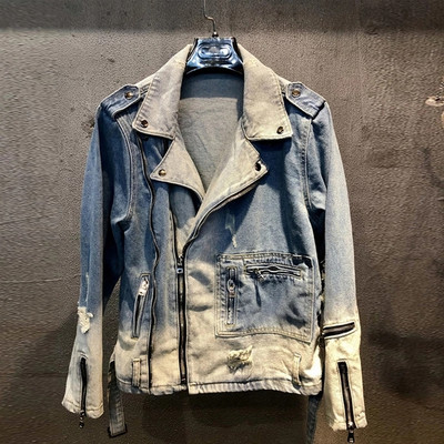 Jachetă motociclist din blugi cu fermoar, bărbați, negru gri, cu fermoar, de designer, distrusă, punk, ruptă, jachetă pentru bărbați, biker hip hop.