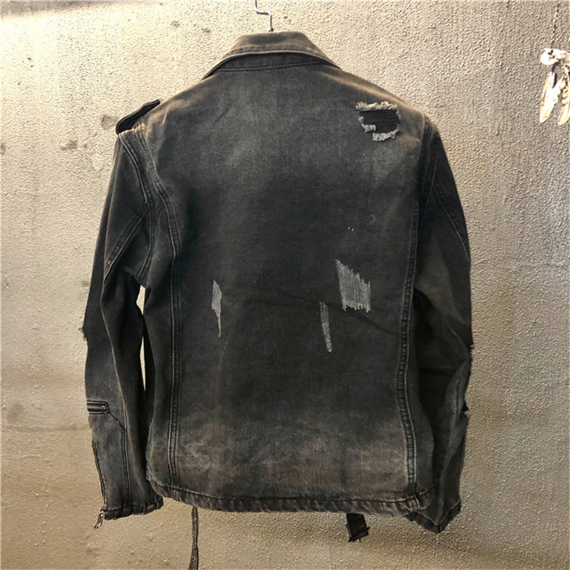 Φερμουάρ Τζιν Μπουφάν Biker Ανδρικό Μαύρο Γκρι Σχεδιαστής με φερμουάρ Destroyed Punk Ripped Denim Jacket Ανδρικό Hip Hop Biker Chaqueta Hombre