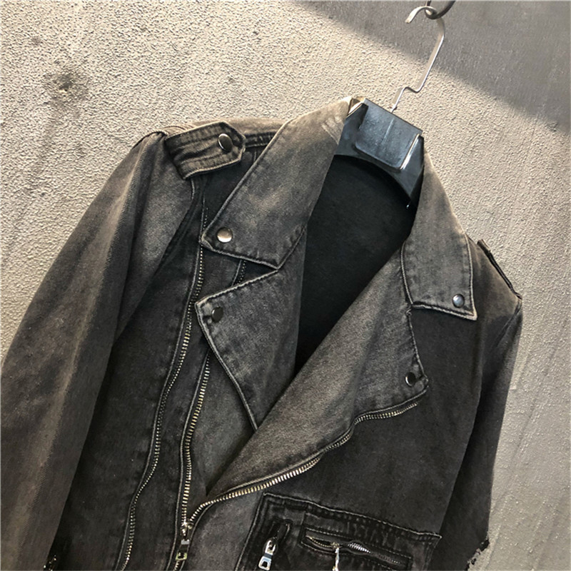 Φερμουάρ Τζιν Μπουφάν Biker Ανδρικό Μαύρο Γκρι Σχεδιαστής με φερμουάρ Destroyed Punk Ripped Denim Jacket Ανδρικό Hip Hop Biker Chaqueta Hombre