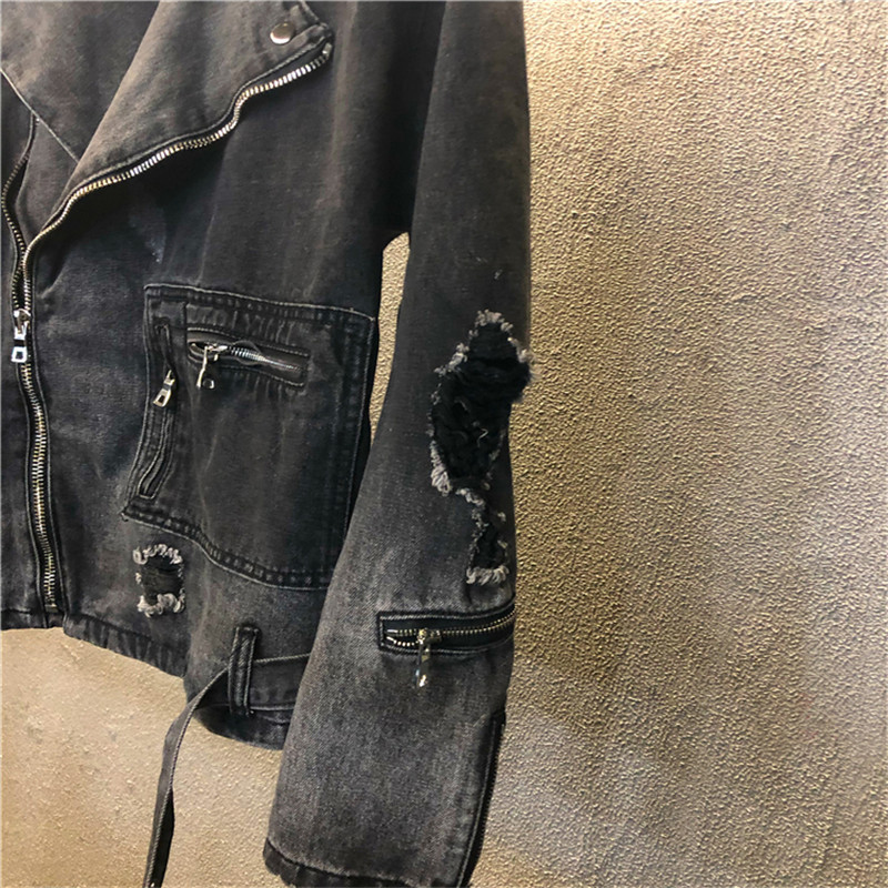 Φερμουάρ Τζιν Μπουφάν Biker Ανδρικό Μαύρο Γκρι Σχεδιαστής με φερμουάρ Destroyed Punk Ripped Denim Jacket Ανδρικό Hip Hop Biker Chaqueta Hombre