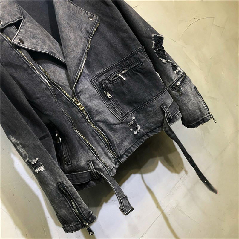 Φερμουάρ Τζιν Μπουφάν Biker Ανδρικό Μαύρο Γκρι Σχεδιαστής με φερμουάρ Destroyed Punk Ripped Denim Jacket Ανδρικό Hip Hop Biker Chaqueta Hombre