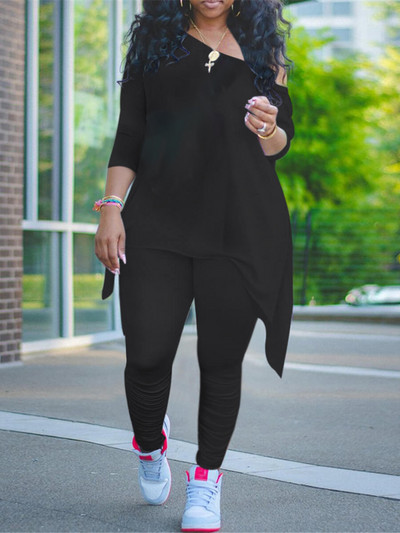 LW Plus Size naiste komplekt asümmeetrilise volditud disainiga pükste komplekt 2023 sügisene pikkade varrukatega ülaosa + säärised püksid, varustus dressid