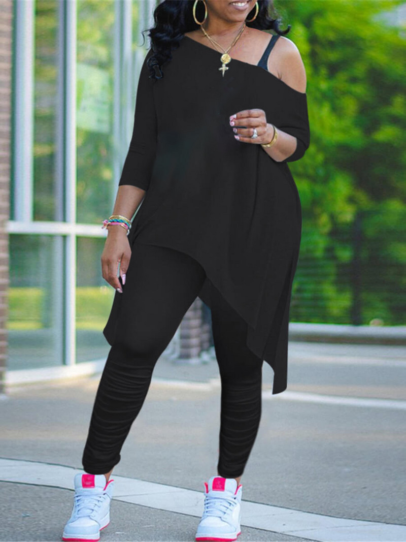 LW Plus Size naiste komplekt asümmeetrilise volditud disainiga pükste komplekt 2023 sügisene pikkade varrukatega ülaosa + säärised püksid, varustus dressid