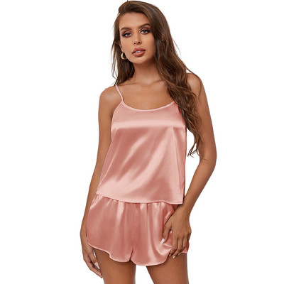 Ühevärvilised magamisriided pidžaamad naiste suvised ööriided lahtised magusad 2 tk komplektid seksikas pesu plekk siidine varrukateta kampsun + lühikesed püksid