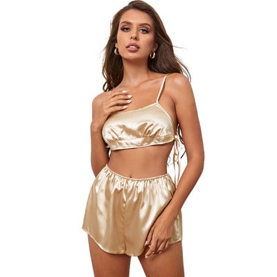 Ühevärvilised magamisriided pidžaamad naiste suvised ööriided lahtised magusad 2 tk komplektid seksikas pesu plekk siidine varrukateta kampsun + lühikesed püksid