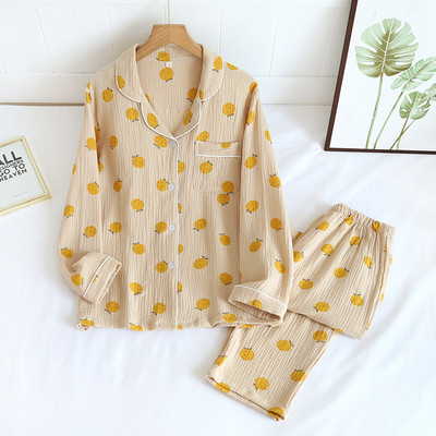 Japoneză de primăvară și toamnă pijamale noi pentru damă Pantaloni cu mâneci lungi din două piese 100% bumbac crep drăguț cu rever Serviciu la domiciliu Plus Size