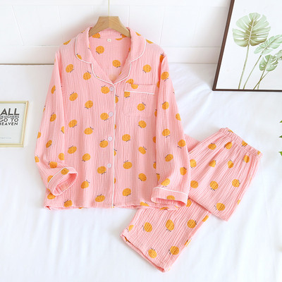 Japoneză de primăvară și toamnă pijamale noi pentru damă Pantaloni cu mâneci lungi din două piese 100% bumbac crep drăguț cu rever Serviciu la domiciliu Plus Size