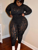 Set de pantaloni elastici și slăbiți LW de mărime plus mare pentru femeie din tifon, cu mânecă lungă sexy, cu gât cu gât, + ținute asortate în teacă solidă