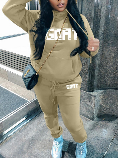 LW suures suuruses komplektid kirjatrükiga Kangaroo tasku-spordidressi komplekt Naiste riietus lahtine 2 kaheosaline komplekt Streetwear dressipluus