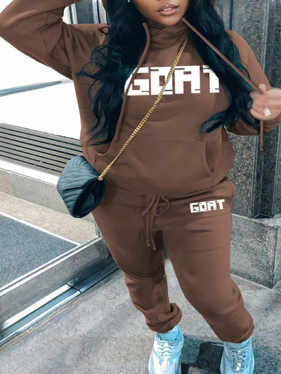 LW suures suuruses komplektid kirjatrükiga Kangaroo tasku-spordidressi komplekt Naiste riietus lahtine 2 kaheosaline komplekt Streetwear dressipluus