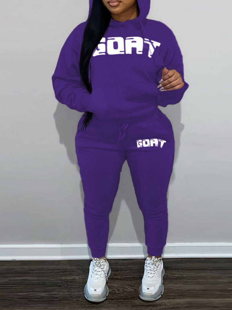 LW suures suuruses komplektid kirjatrükiga Kangaroo tasku-spordidressi komplekt Naiste riietus lahtine 2 kaheosaline komplekt Streetwear dressipluus