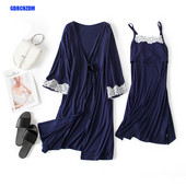 2 τμχ/Σετ Βαμβακερή δαντέλα Πιτζάμες εγκυμοσύνης Νυχτικό Θηλασμού Καμισόλ Νυχτικό Νοσηλευτικής εργασίας+Ρόμπα Τοκετού Νέο