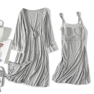 2 τμχ/Σετ Βαμβακερή δαντέλα Πιτζάμες εγκυμοσύνης Νυχτικό Θηλασμού Καμισόλ Νυχτικό Νοσηλευτικής εργασίας+Ρόμπα Τοκετού Νέο