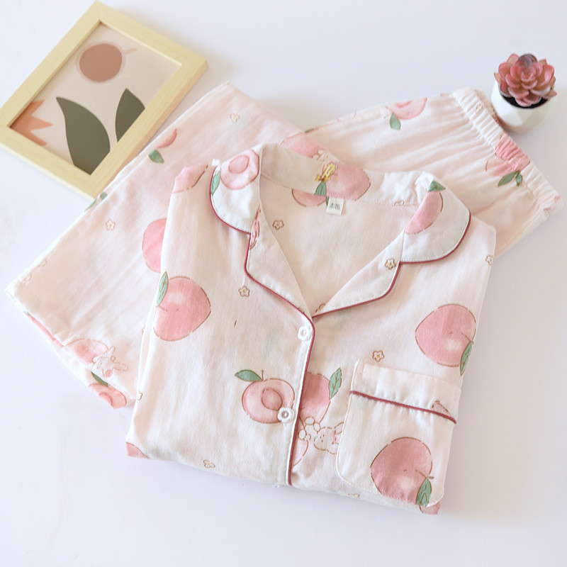 Kevad-suvi uues stiilis Jaapani naiste pidžaama pikkade varrukatega pükskostüüm 100% puuvillane marli koduteeninduse kaheosaline ülikond