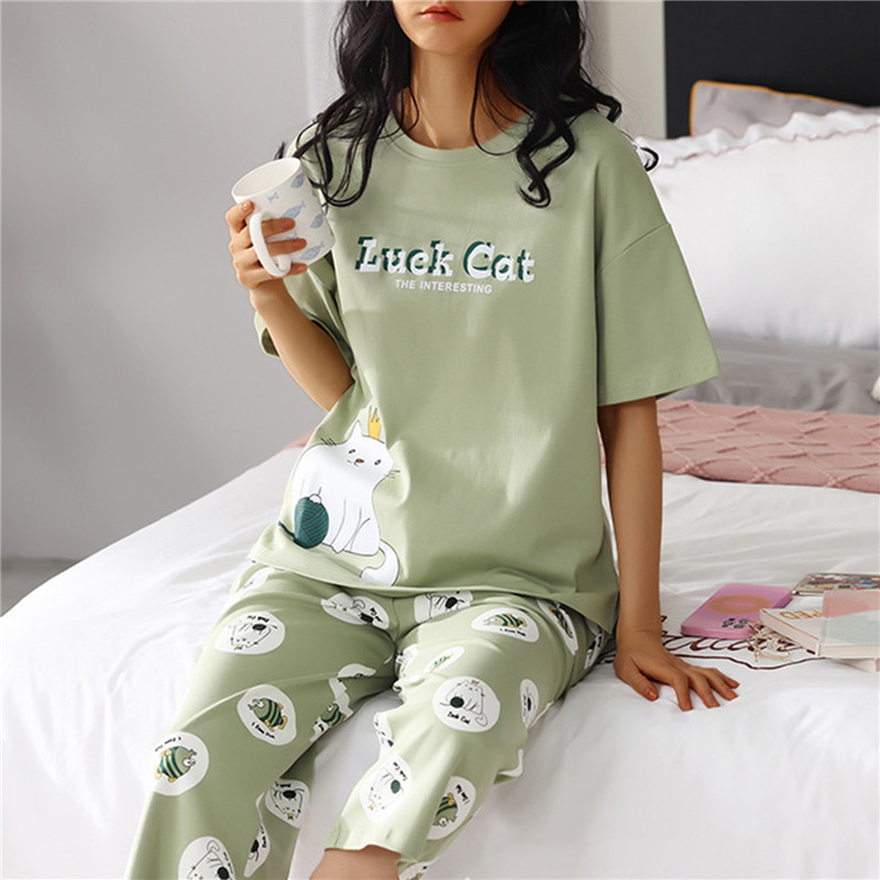 Suvine pidžaamakomplekt naistele Multifilmiga trükitud salongirõivad Lühikeste varrukatega püksid Naiste pidžaamad Magamisriided Tüdrukutele Puuvillane Pidžaama Koduriided