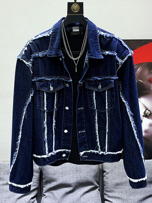 PFHQ 2023 Μοντέρνα, Κομψή σχεδίαση, Γούνα Edge Shoulder Pad Μακρυμάνικο τζιν μπουφάν Splicing Ανδρικό ανοιξιάτικο casual κοντό παλτό κομψό