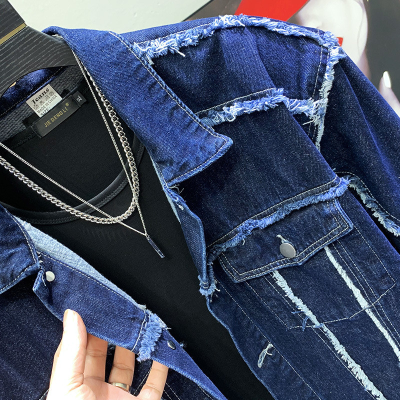 PFHQ 2023 Μοντέρνα, Κομψή σχεδίαση, Γούνα Edge Shoulder Pad Μακρυμάνικο τζιν μπουφάν Splicing Ανδρικό ανοιξιάτικο casual κοντό παλτό κομψό