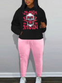 LW Plus Size Φθινοπωρινό χειμερινό γράμμα κεφαλής κρανίου στάμπα Καγκουρό Τσέπη Streetwear Μακρυμάνικο Γυναικείο Σετ αθλητικής φόρμας δύο τεμαχίων