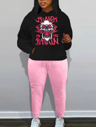 LW Plus Size Φθινοπωρινό χειμερινό γράμμα κεφαλής κρανίου στάμπα Καγκουρό Τσέπη Streetwear Μακρυμάνικο Γυναικείο Σετ αθλητικής φόρμας δύο τεμαχίων