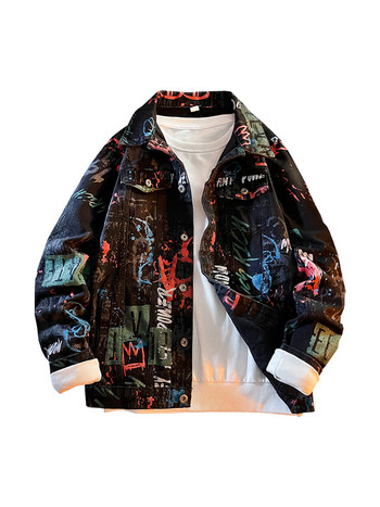 Mafokuwz Leter Graffiti Denim Jacket Мъжко модно пролетно пънк облекло Корейско Kpop Trend Slim Top Unisex Красиво ежедневно дънково палто