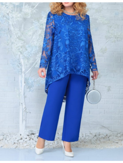 Μεγάλο μέγεθος Γυναικεία Ρούχα 2023 Άνοιξη Καλοκαίρι Μακρυμάνικη Δαντέλα Μπλούζα Φαρδύ πόδι Σετ παντελονιών 2 τεμαχίων Γυναικεία στολή