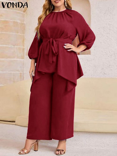 Plus Size 5XL VONDA Γυναικεία Παντελόνια 2023 Καλοκαιρινό ασύμμετρο επάνω ζώνη με ελαστική μακριά μέση παντελόνι Casual Solid Loose Elegant 2 ΤΕΜ