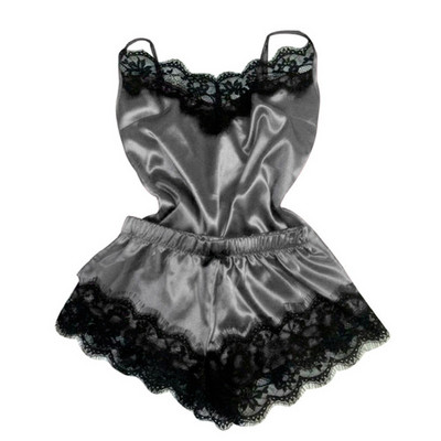 Καλοκαιρινά γυναικεία πυζά 2020 Σέξι σατέν σετ πιτζάμες με δαντέλα με λαιμόκοψη V-λαιμόκοψη Αμάνικη χαριτωμένη μπλούζα Cami και σορτς νυχτικά