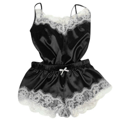 Καλοκαιρινά γυναικεία πυζά 2020 Σέξι σατέν σετ πιτζάμες με δαντέλα με λαιμόκοψη V-λαιμόκοψη Αμάνικη χαριτωμένη μπλούζα Cami και σορτς νυχτικά