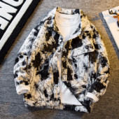 Pánsky džínsový kabát Mafokuwz Batic Dye, jarný/jesenný, high street, pracovný, bunda s golierom, čiernobiely, gotický, ležérny top s vreckom
