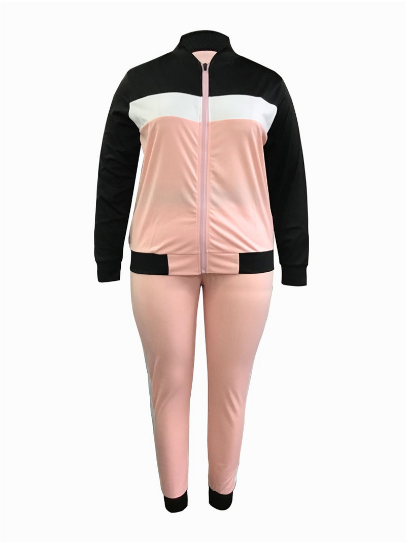 LW Plus Size Femei Toamnă și Iarnă Mixte Casual Guler Mandarin Mânecă Lungă Fermoar Design Bucuri Patchwork Two Poeces Pantaloni Set