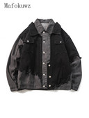 Τζιν μπουφάν Mafokuwz High Street Unisex Cool Vandalism Patchwork Μπουφάν Ανδρικά ρούχα εργασίας Oversize Punk Niche American Jeans Coat