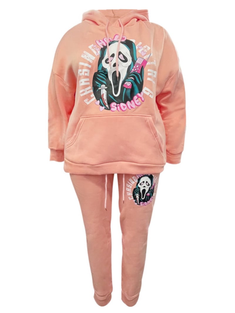 Suures suuruses LW naiste mood sügistalv multikas kirjatrükk Kangaroo taskuga dressipükste komplekt, kaheosaline riietus