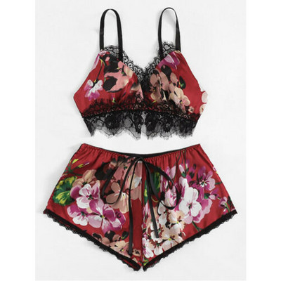 2tk Naiste seksikas pesu satiinist komplektid suvised varrukateta lillelised kärbitud topid Lühikesed püksid Seksikad magamisriided Babydoll öösärgi pidžaamakomplekt