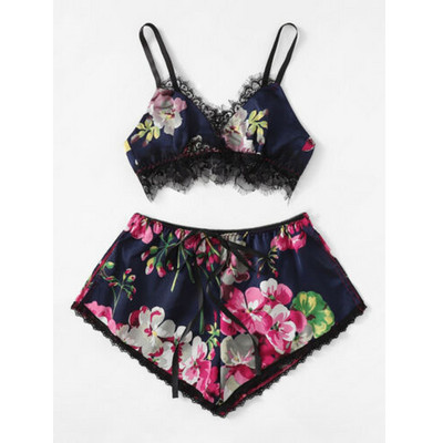 2tk Naiste seksikas pesu satiinist komplektid suvised varrukateta lillelised kärbitud topid Lühikesed püksid Seksikad magamisriided Babydoll öösärgi pidžaamakomplekt