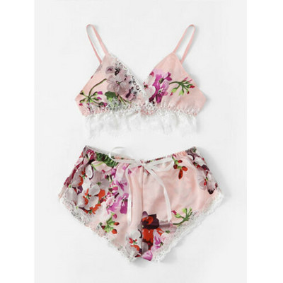 2tk Naiste seksikas pesu satiinist komplektid suvised varrukateta lillelised kärbitud topid Lühikesed püksid Seksikad magamisriided Babydoll öösärgi pidžaamakomplekt