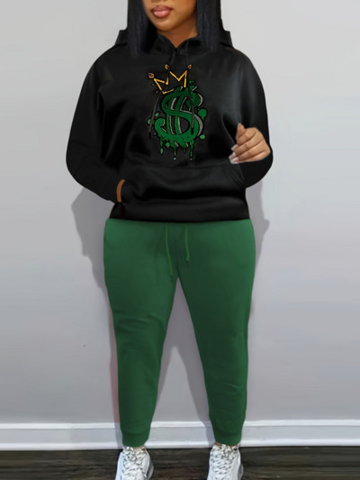 LW Plus Size Γυναικεία Φθινοπωρινή & Χειμερινή Crown Letter με κουκούλα γιακά με μακρυμάνικο καγκουρό Σετ φόρμας δύο τεμαχίων