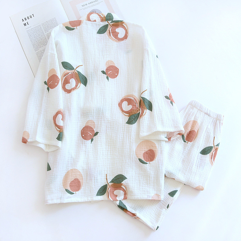 Νέο στυλ ιαπωνικό κιμονό δύο τεμαχίων, γυναικεία ανοιξιάτικη και φθινοπωρινή 100% βαμβακερή κρέπα Άνετο μεγάλο μέγεθος Loose Cute Home Service