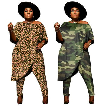 L-4XL 2022 Fall Plus Size Γυναικεία ρούχα Μόδα Leopard Printing κοντά μανίκια σετ παντελονιών δύο τεμαχίων dropshipping χονδρική