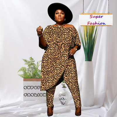 L-4XL 2022 Fall Plus Size Γυναικεία ρούχα Μόδα Leopard Printing κοντά μανίκια σετ παντελονιών δύο τεμαχίων dropshipping χονδρική