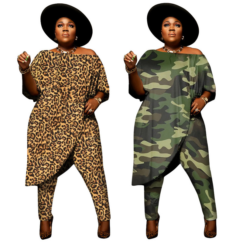 L-4XL 2022 Fall Plus Size Γυναικεία ρούχα Μόδα Leopard Printing κοντά μανίκια σετ παντελονιών δύο τεμαχίων dropshipping χονδρική