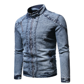 Дънково яке Мъжко яке Moto Biker Jean Jacket Есен Зима Модно плътно плюс кадифена яка с яка Мъжко дънково яке Ежедневно палто Мъжки