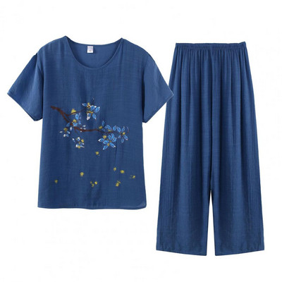 2 tk/komplekt Naiste ülaosa pükste komplekt O kaela, lilleprinteriga vanaema stiilis elastne vöökoht vanaema suvine pidžaamakomplekt igapäevaseks kandmiseks