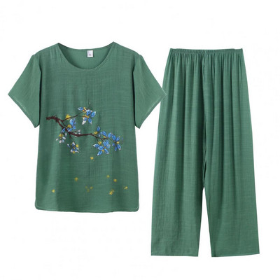 2 tk/komplekt Naiste ülaosa pükste komplekt O kaela, lilleprinteriga vanaema stiilis elastne vöökoht vanaema suvine pidžaamakomplekt igapäevaseks kandmiseks