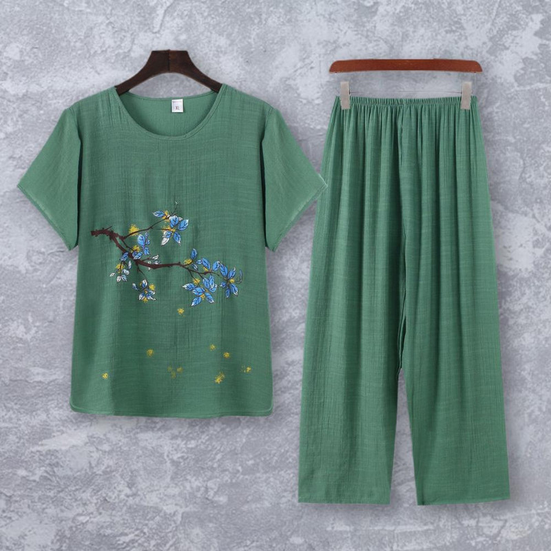 2 tk/komplekt Naiste ülaosa pükste komplekt O kaela, lilleprinteriga vanaema stiilis elastne vöökoht vanaema suvine pidžaamakomplekt igapäevaseks kandmiseks