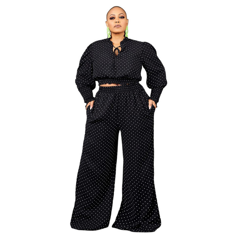 Suures suuruses naisterõivad, kaheosalised komplektid, täpilised, ümmarguse kaelaga, pits-up-tasku, laiad püksid Seksikad rõivad, hulgimüük Dropshipping