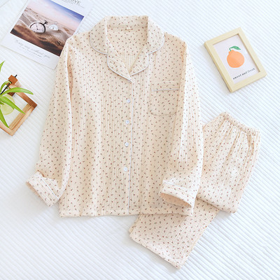 Kevad-sügis uued naiste pidžaamad pikkade varrukatega püksid kaheosaline komplekt 100% puuvillane krepp väike lilleline koduriiete ülikond naistele