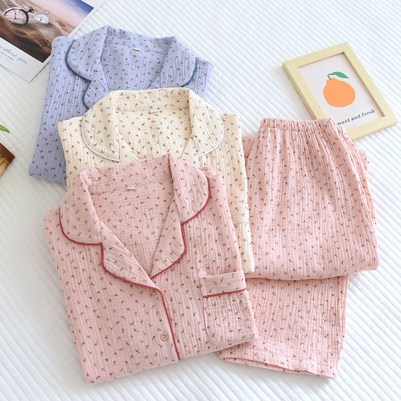 Kevad-sügis uued naiste pidžaamad pikkade varrukatega püksid kaheosaline komplekt 100% puuvillane krepp väike lilleline koduriiete ülikond naistele