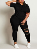 LW suures suuruses naiste spordidress, soliidne vabaaja 2-osaline, lühikeste varrukatega pulloveriga kapuuts + rebitud pükste komplekt, spordirõivaste dressipluus